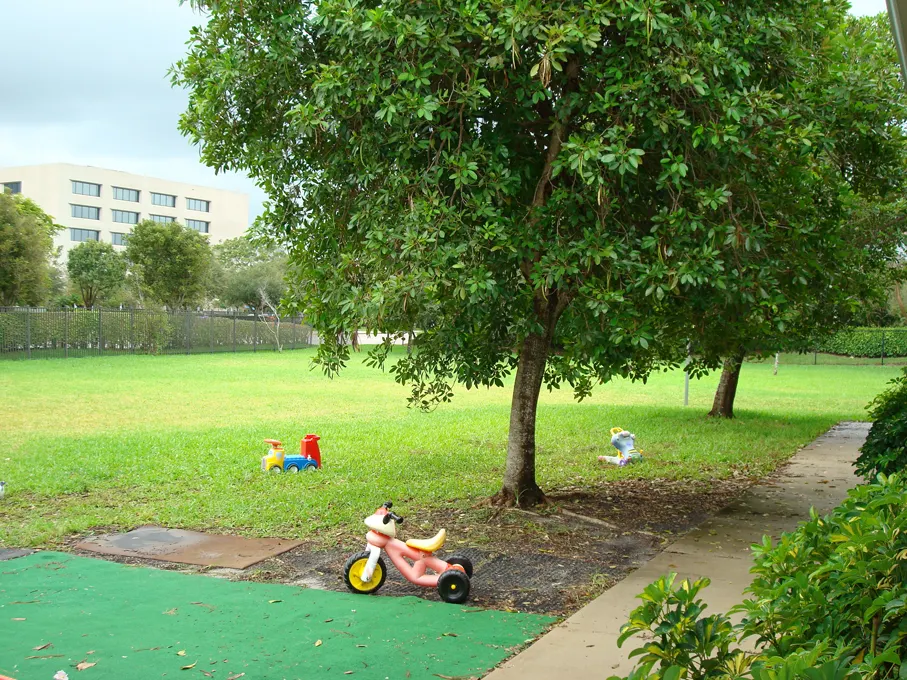 A grassy outdoor play area with shade trees and ride-on toys